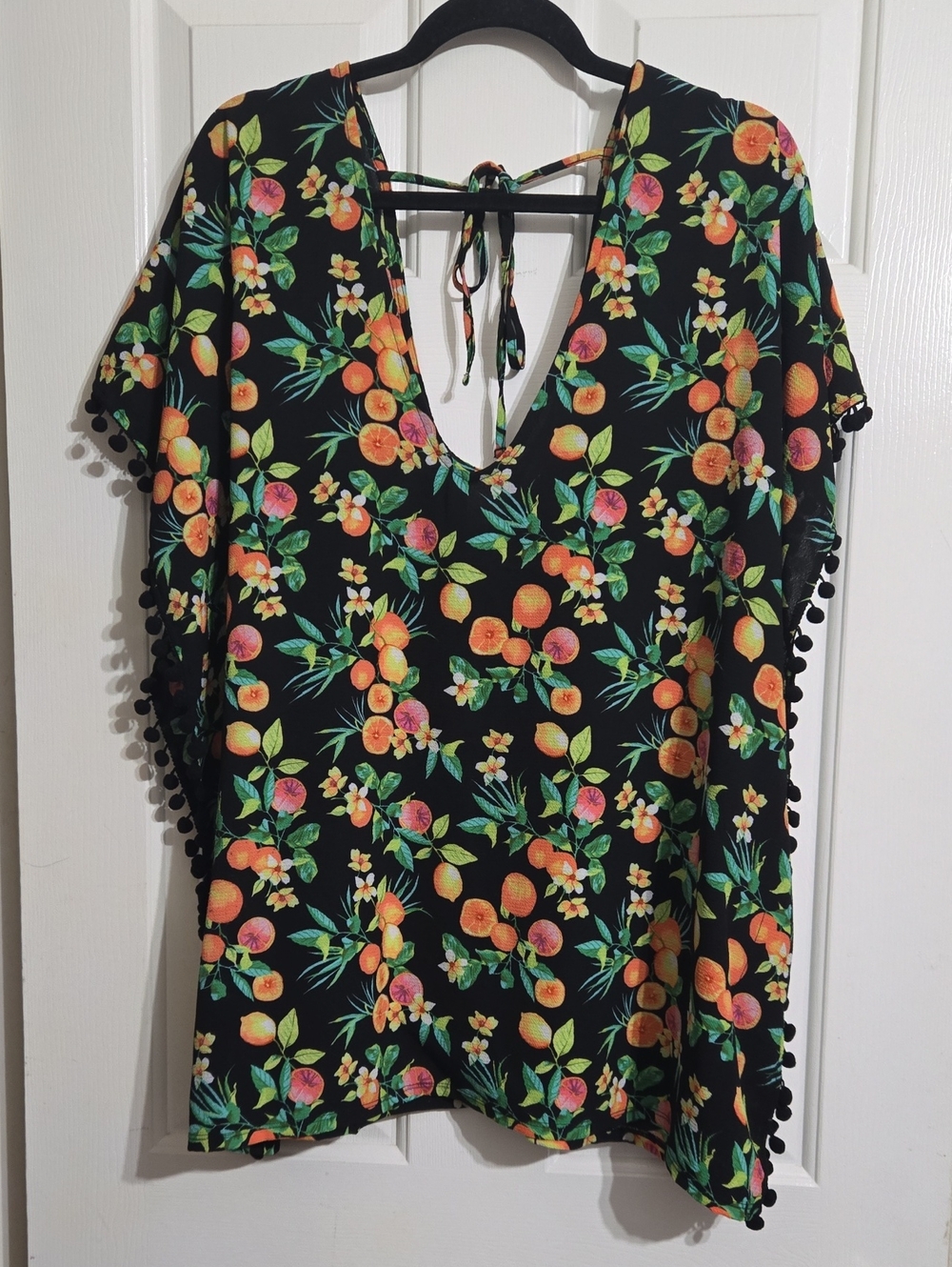 Xhilaration Black Floral Orange Pom-Pom Tie-Back Swim Coverup